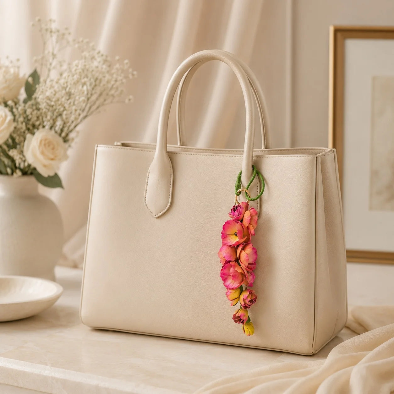 Blush Larkspur Cascade Leather Bag Charm | Handmade Floral Handbag Charm, Keychain & Necklace Pendant