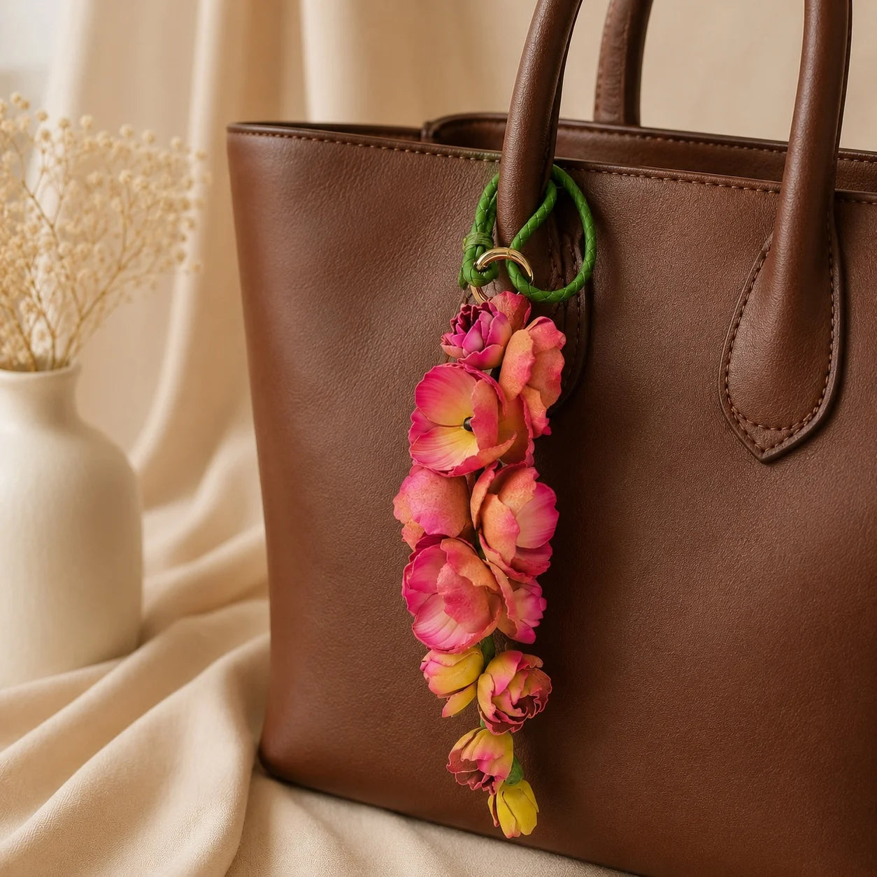 Blush Larkspur Cascade Leather Bag Charm | Handmade Floral Handbag Charm, Keychain & Necklace Pendant