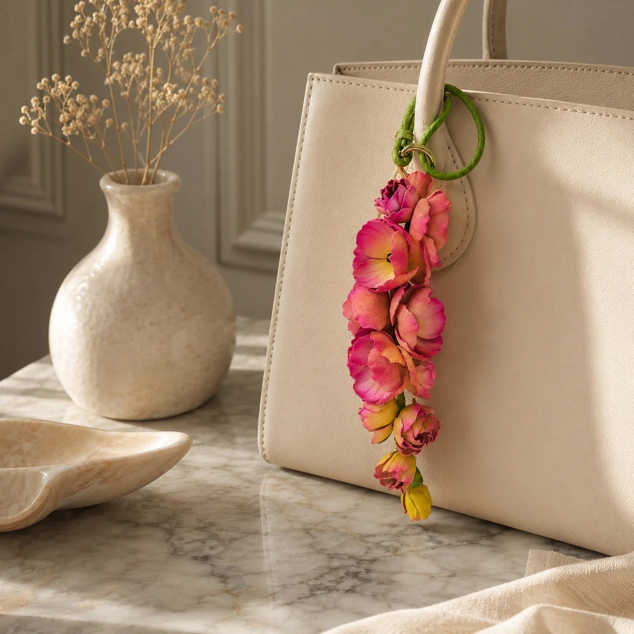 Blush Larkspur Cascade Leather Bag Charm | Handmade Floral Handbag Charm, Keychain & Necklace Pendant