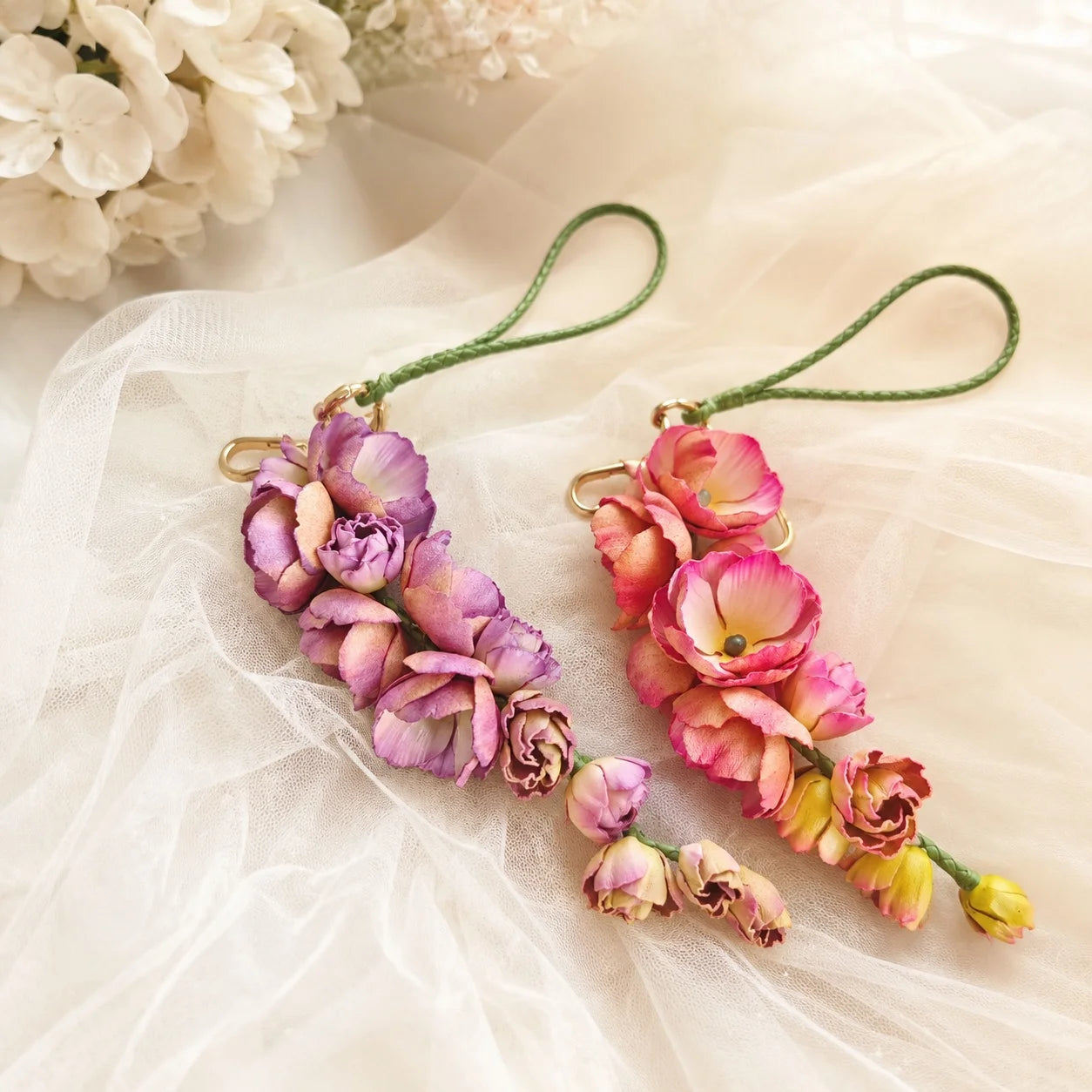 Blush Larkspur Cascade Leather Bag Charm | Handmade Floral Handbag Charm, Keychain & Necklace Pendant