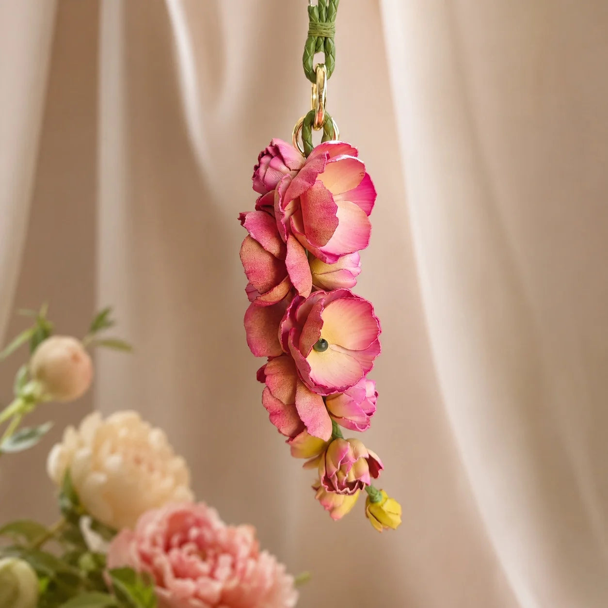 Blush Larkspur Cascade Leather Bag Charm | Handmade Floral Handbag Charm, Keychain & Necklace Pendant