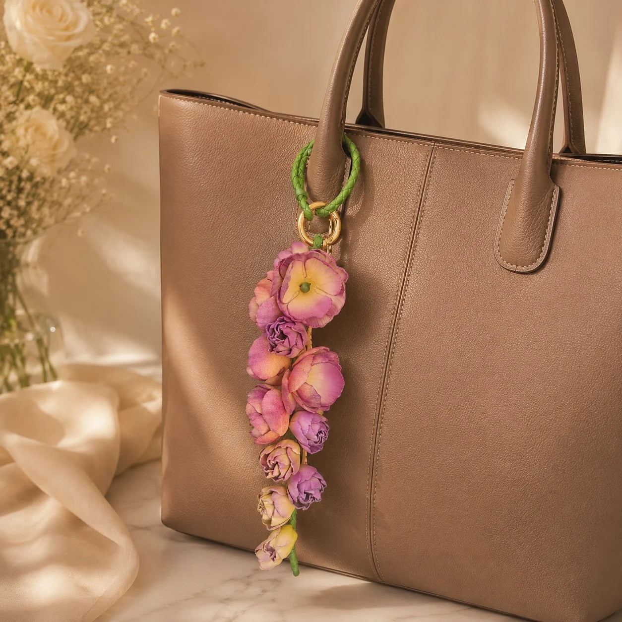 Blush Larkspur Cascade Leather Bag Charm | Handmade Floral Handbag Charm, Keychain & Necklace Pendant