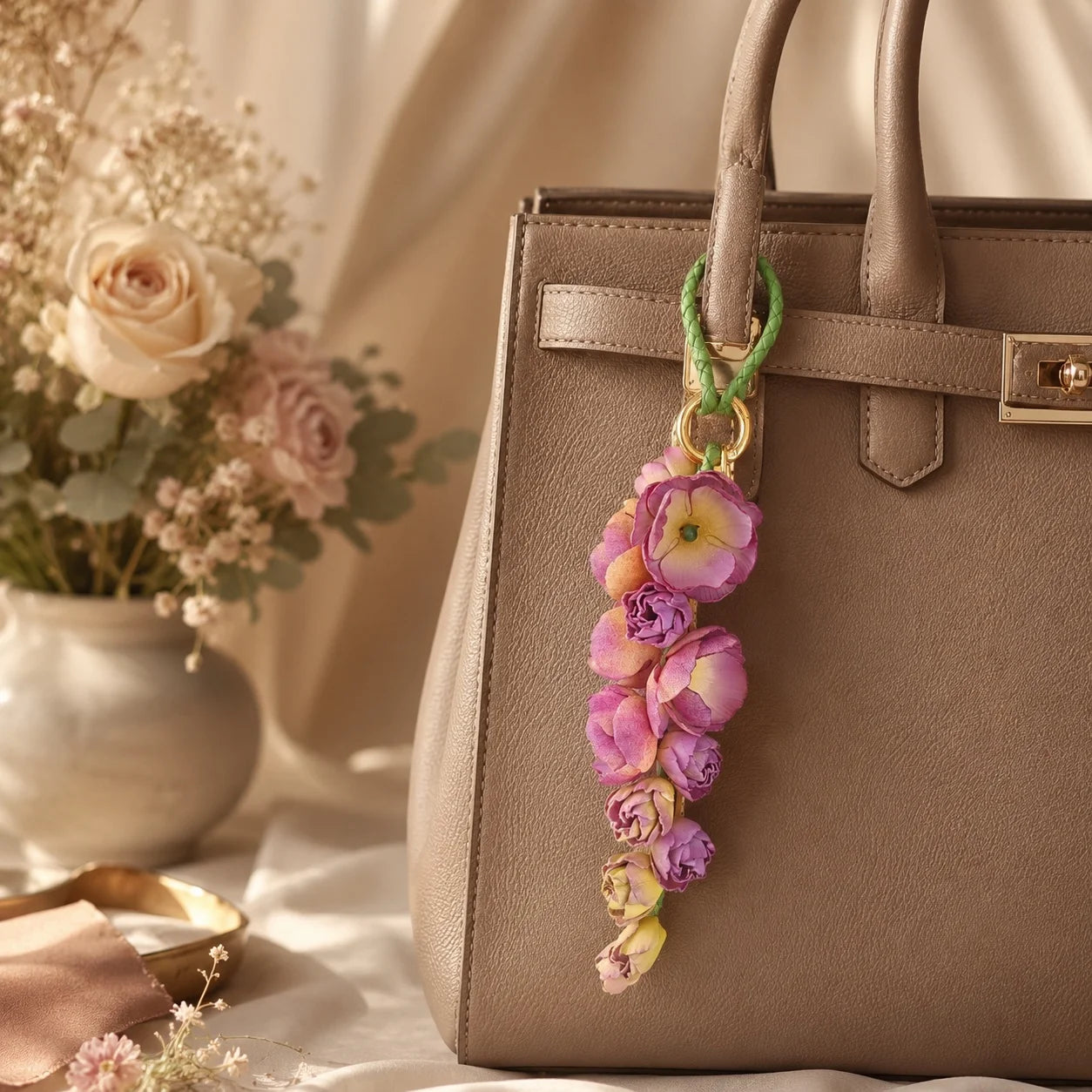 Blush Larkspur Cascade Leather Bag Charm | Handmade Floral Handbag Charm, Keychain & Necklace Pendant