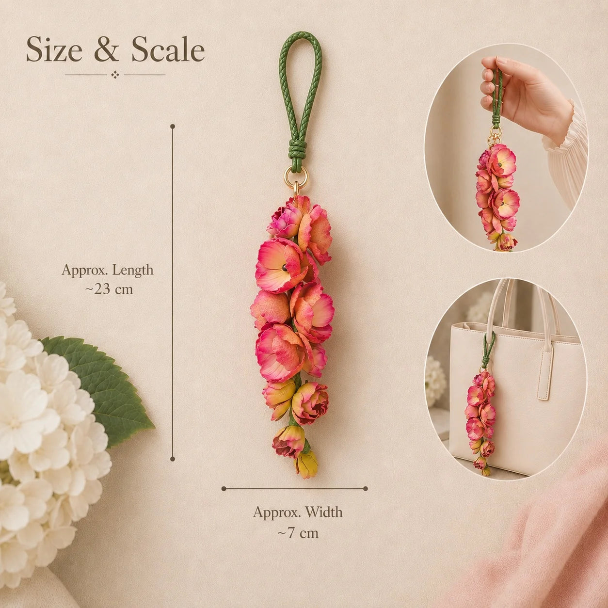 Blush Larkspur Cascade Leather Bag Charm | Handmade Floral Handbag Charm, Keychain & Necklace Pendant