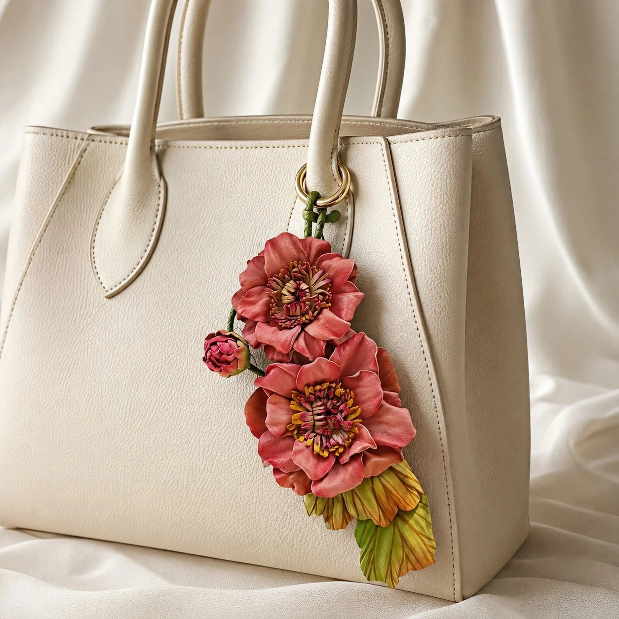 Coral Belle Bloom Leather Bag Charm | Handmade Floral Handbag Charm for Totes & Handbags