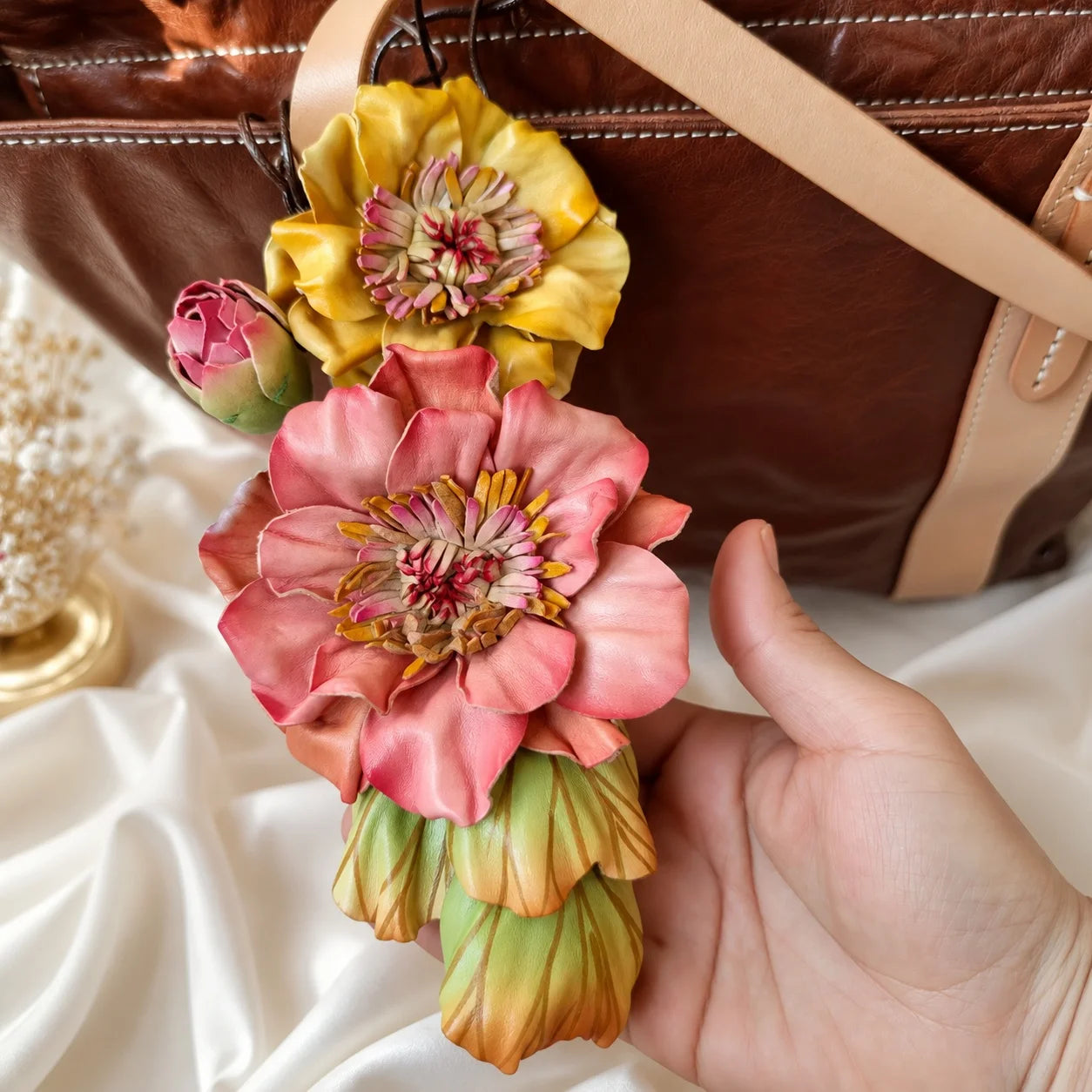 Coral Belle Bloom Leather Bag Charm | Handmade Floral Handbag Charm for Totes & Handbags