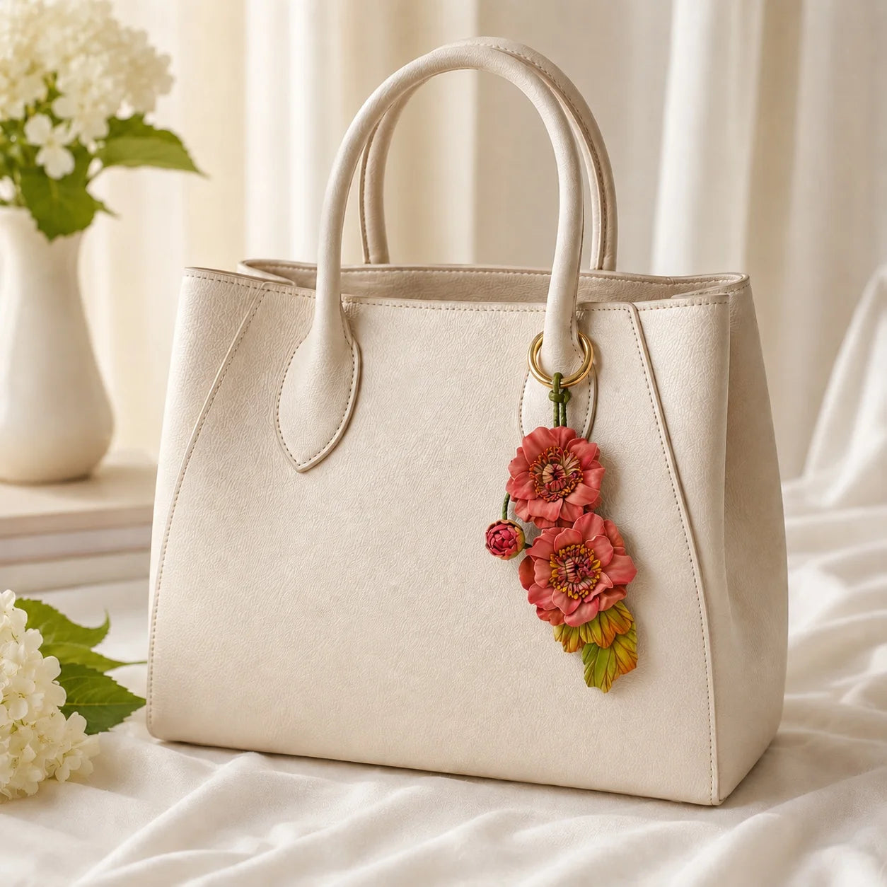 Coral Belle Bloom Leather Bag Charm | Handmade Floral Handbag Charm for Totes & Handbags