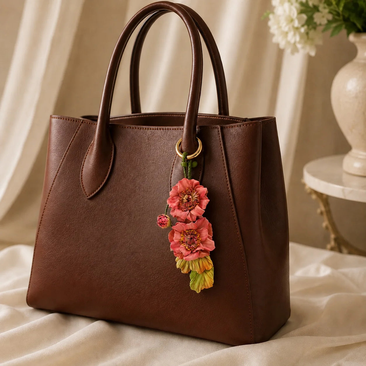 Coral Belle Bloom Leather Bag Charm | Handmade Floral Handbag Charm for Totes & Handbags