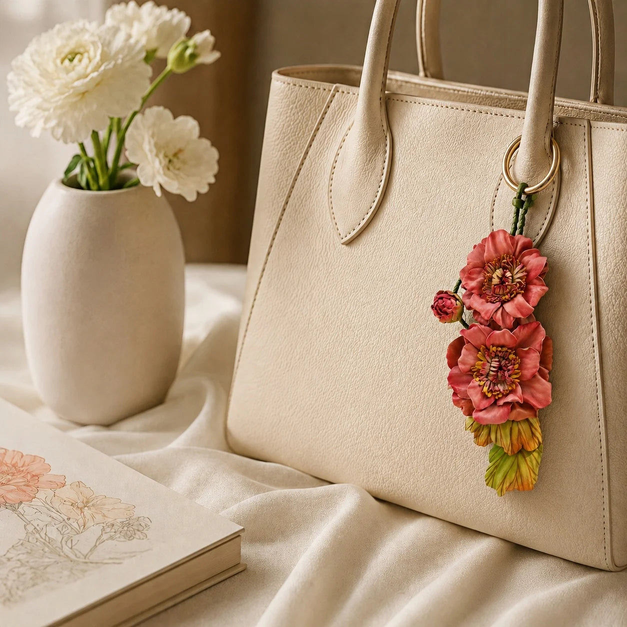 Coral Belle Bloom Leather Bag Charm | Handmade Floral Handbag Charm for Totes & Handbags