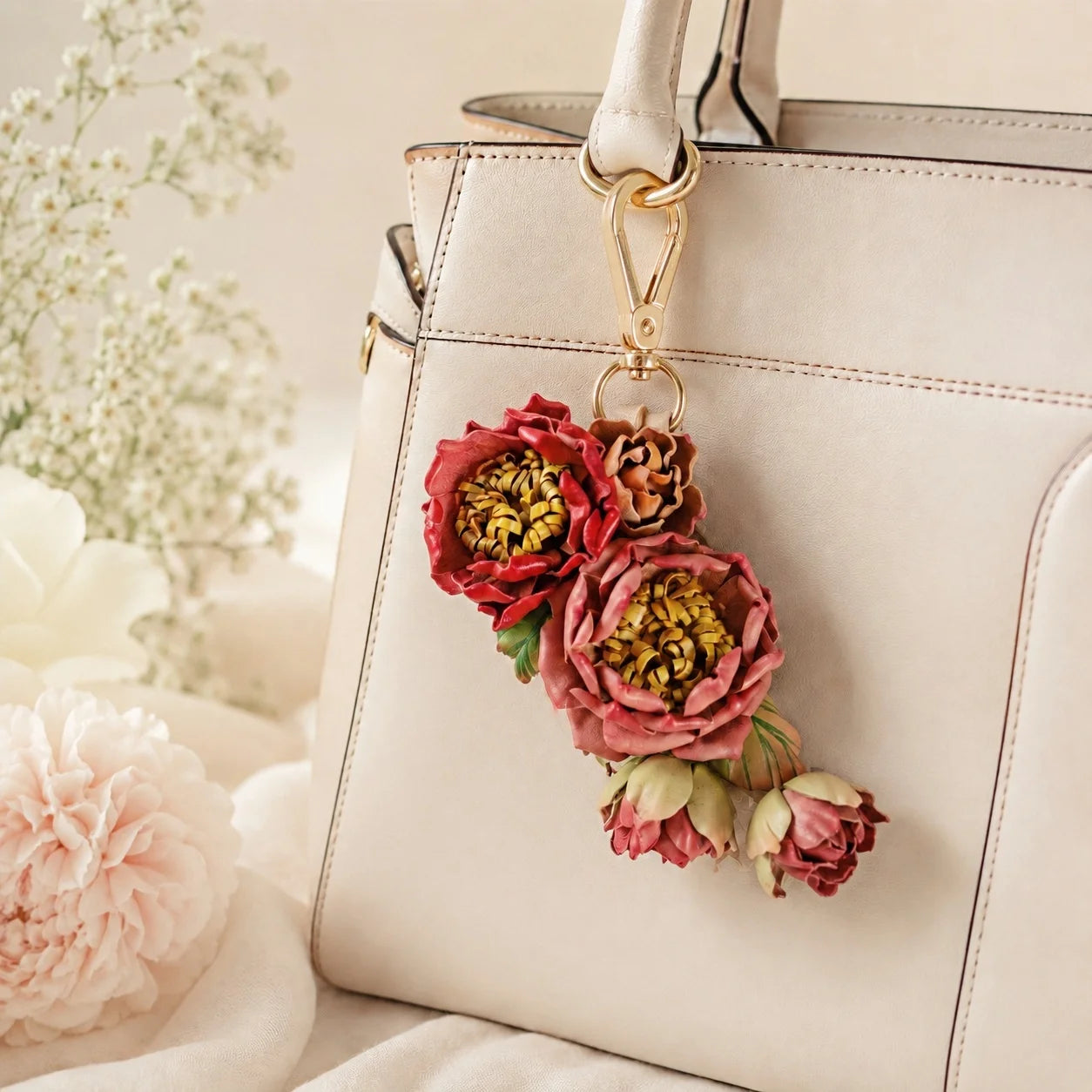 Rose Garden Reverie Leather Bag Charm | Handmade Floral Handbag Charm, Keychain & Necklace Pendant