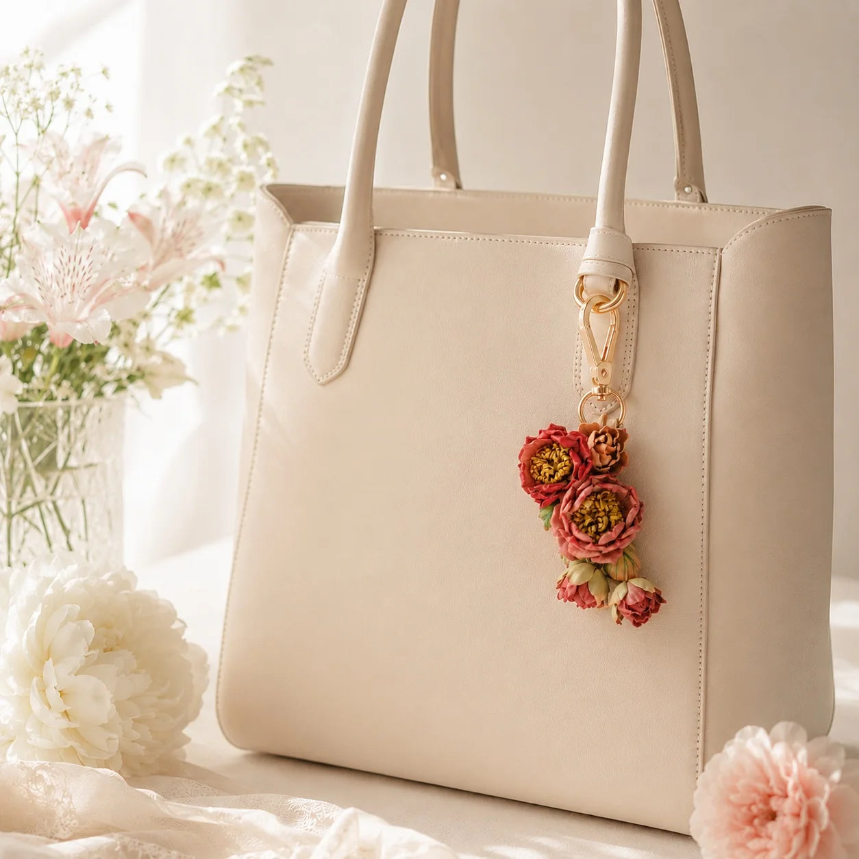 Rose Garden Reverie Leather Bag Charm | Handmade Floral Handbag Charm, Keychain & Necklace Pendant