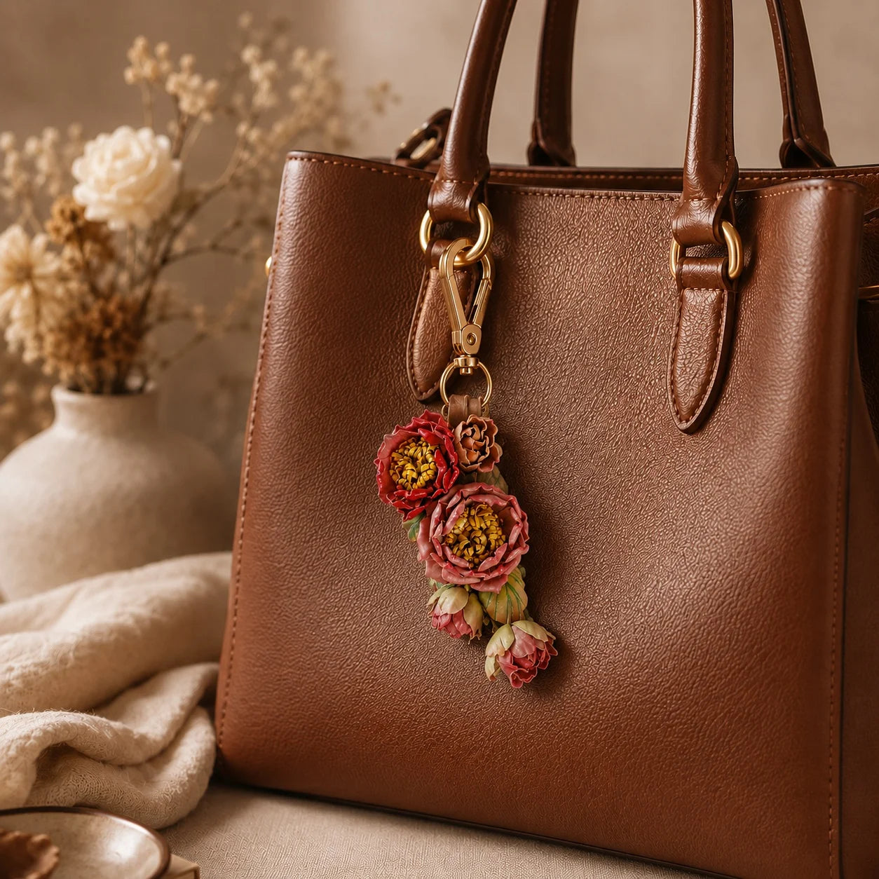 Rose Garden Reverie Leather Bag Charm | Handmade Floral Handbag Charm, Keychain & Necklace Pendant