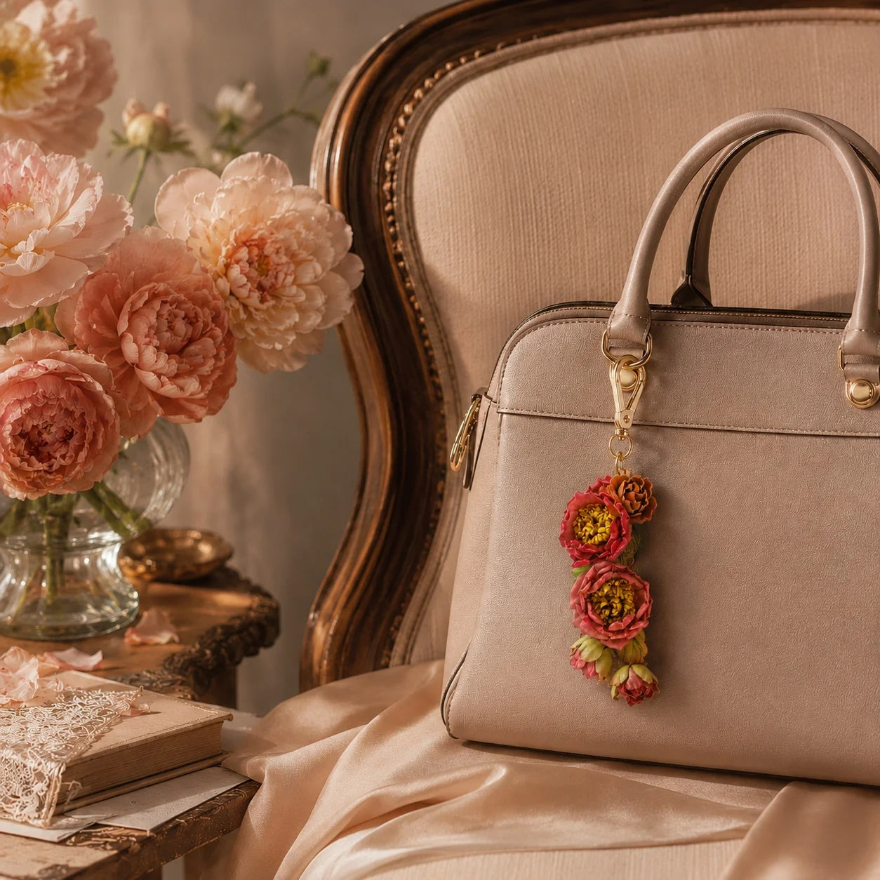Rose Garden Reverie Leather Bag Charm | Handmade Floral Handbag Charm, Keychain & Necklace Pendant