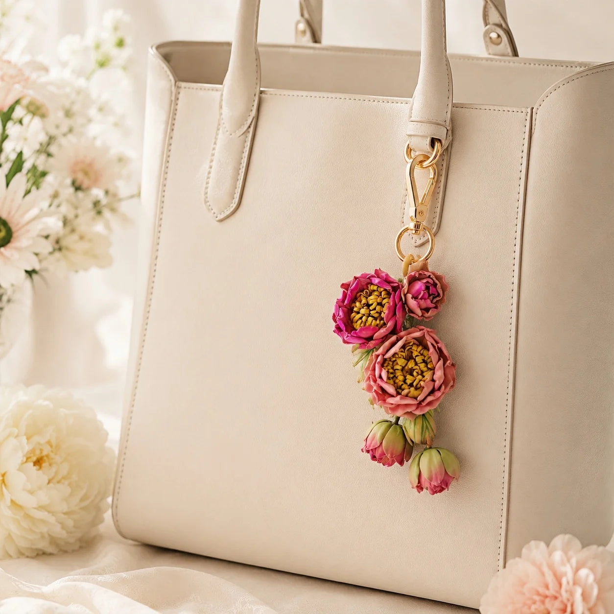 Rose Garden Reverie Leather Bag Charm | Handmade Floral Handbag Charm, Keychain & Necklace Pendant