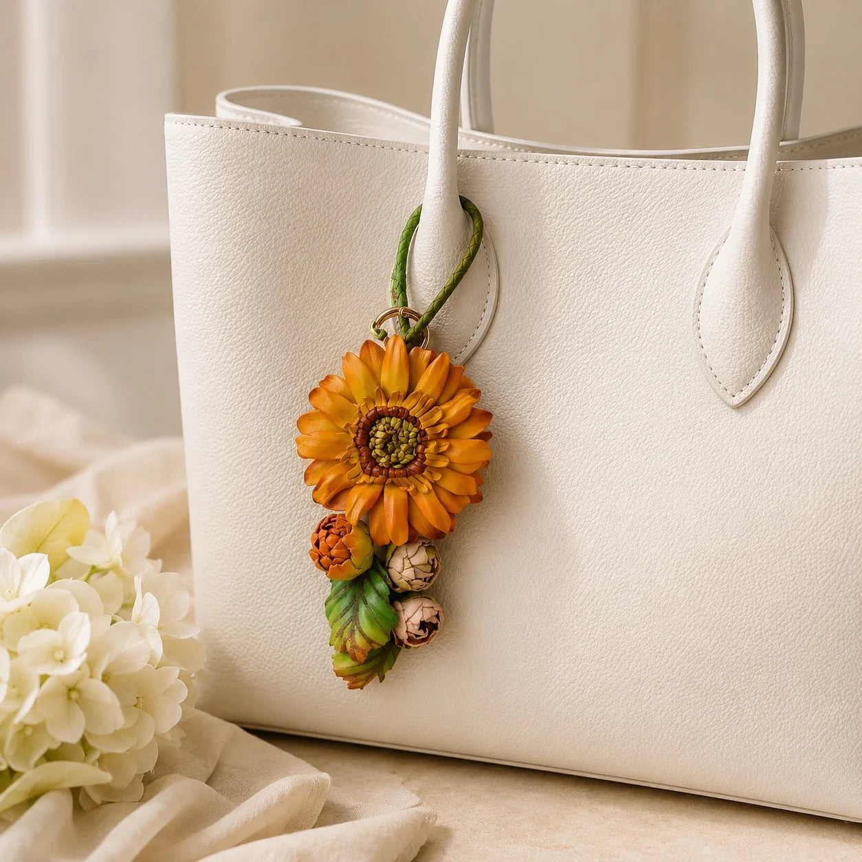 Sunlit Sunflower Leather Bag Charm | Handmade Floral Handbag Charm, Keychain & Necklace Pendant