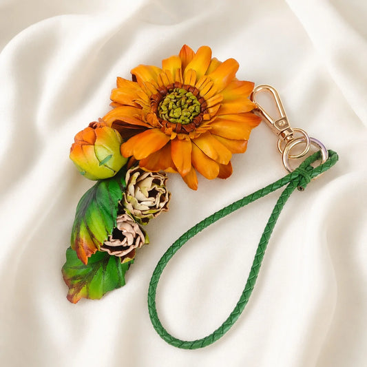 Sunlit Sunflower Leather Bag Charm | Handmade Floral Handbag Charm, Keychain & Necklace Pendant