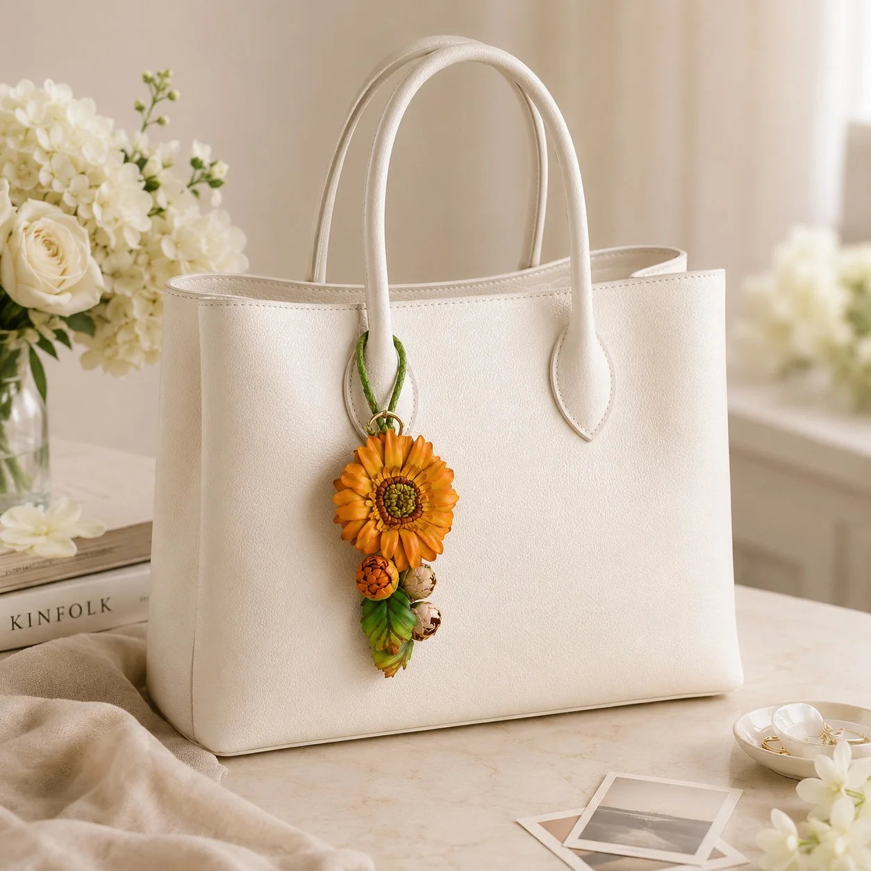 Sunlit Sunflower Leather Bag Charm | Handmade Floral Handbag Charm, Keychain & Necklace Pendant