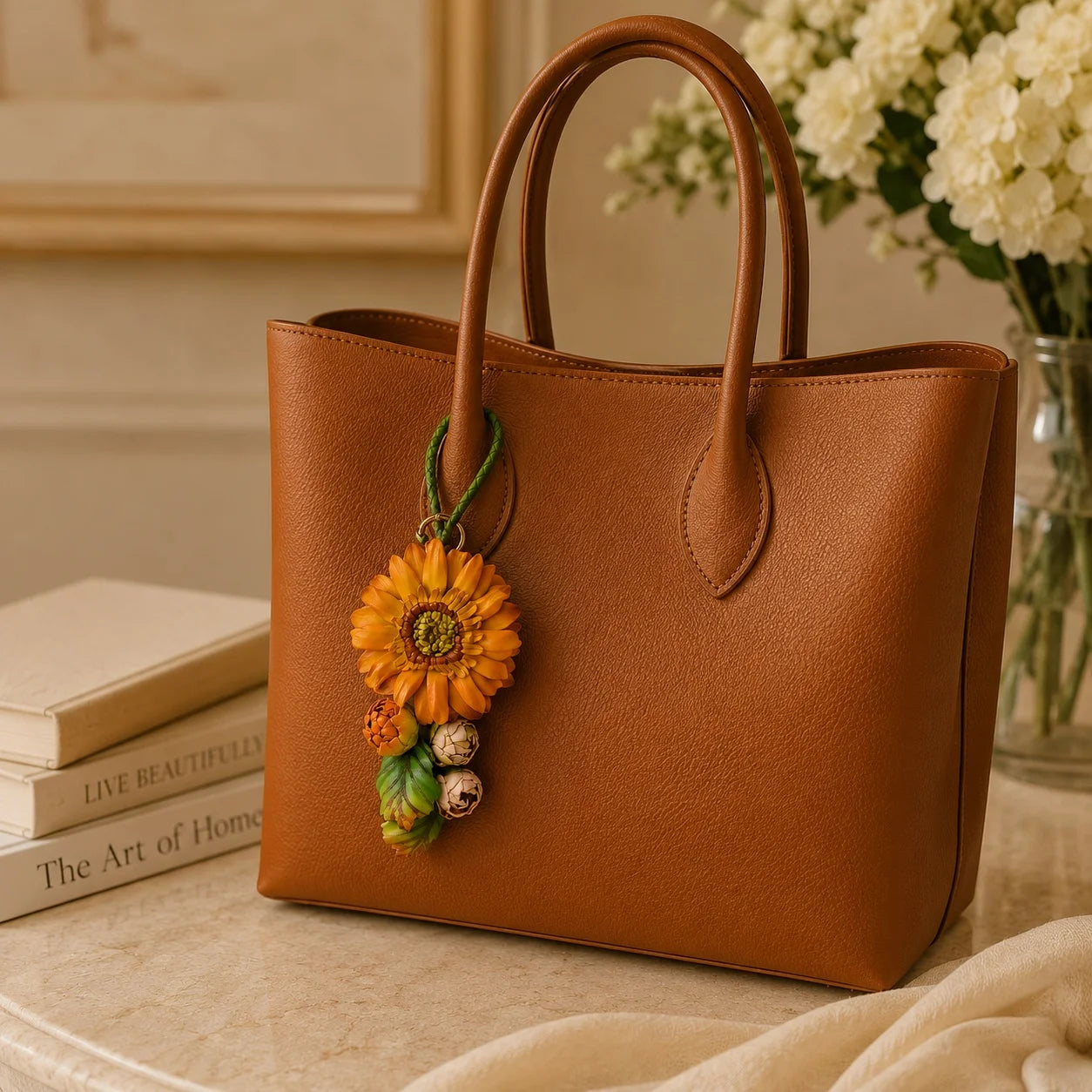 Sunlit Sunflower Leather Bag Charm | Handmade Floral Handbag Charm, Keychain & Necklace Pendant