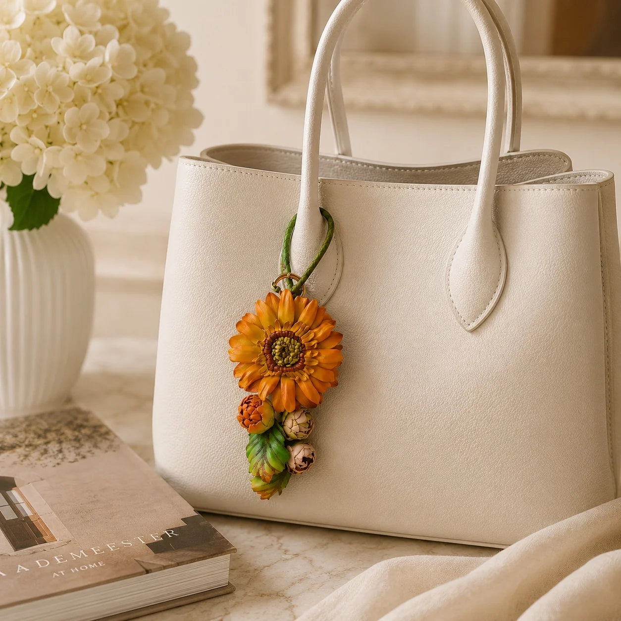 Sunlit Sunflower Leather Bag Charm | Handmade Floral Handbag Charm, Keychain & Necklace Pendant