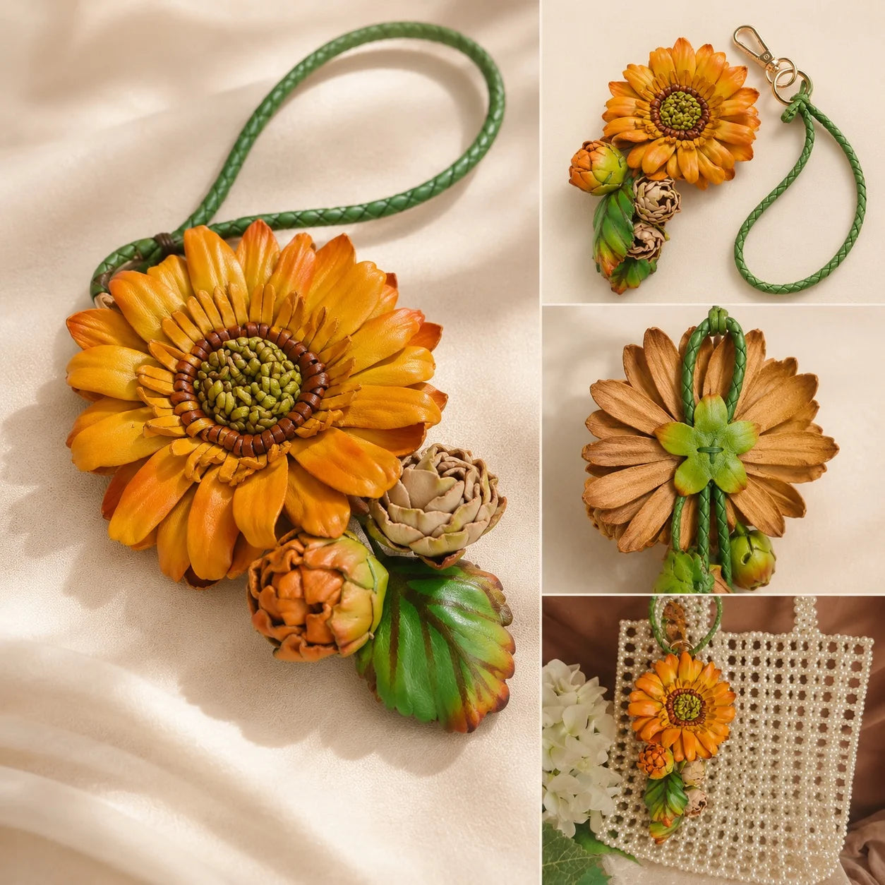 Sunlit Sunflower Leather Bag Charm | Handmade Floral Handbag Charm, Keychain & Necklace Pendant