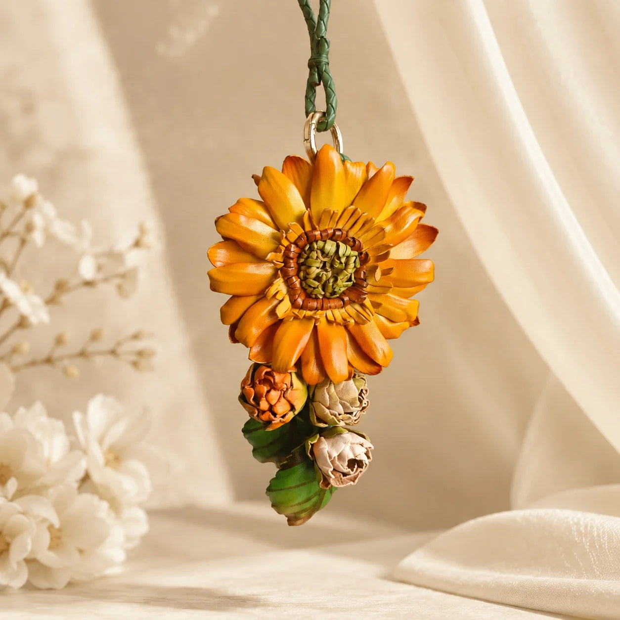 Sunlit Sunflower Leather Bag Charm | Handmade Floral Handbag Charm, Keychain & Necklace Pendant