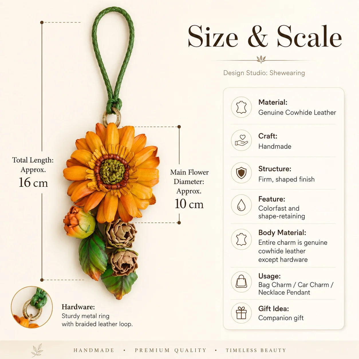 Sunlit Sunflower Leather Bag Charm | Handmade Floral Handbag Charm, Keychain & Necklace Pendant