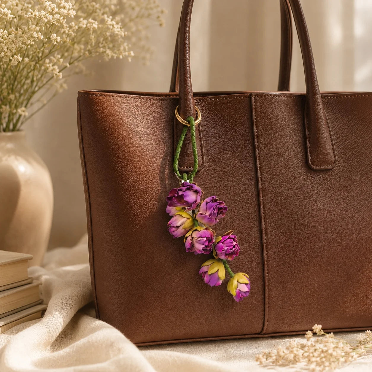 Bellflower Cascade Leather Bag Charm | Handmade Floral Handbag Charm & Keychain Pendant