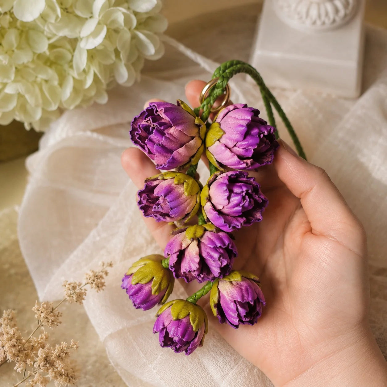 Bellflower Cascade Leather Bag Charm | Handmade Floral Handbag Charm & Keychain Pendant