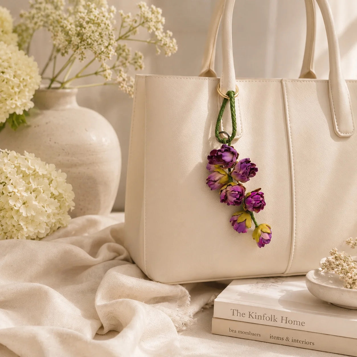 Bellflower Cascade Leather Bag Charm | Handmade Floral Handbag Charm & Keychain Pendant