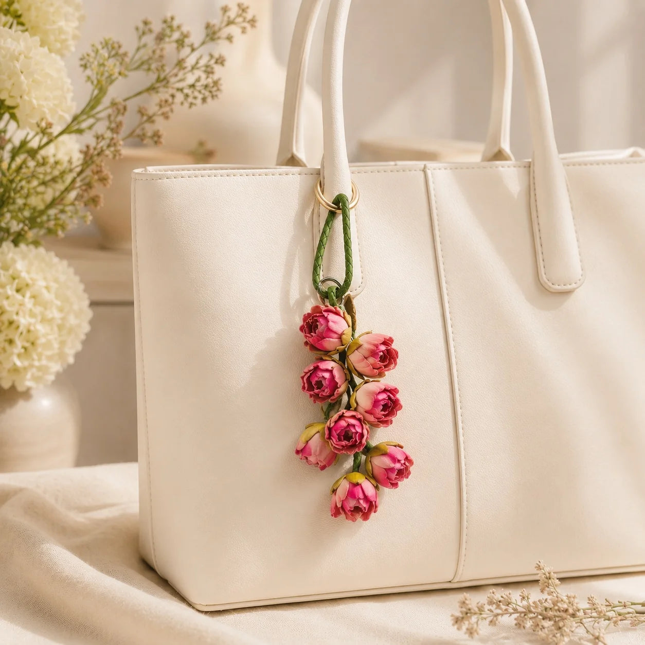Bellflower Cascade Leather Bag Charm | Handmade Floral Handbag Charm & Keychain Pendant