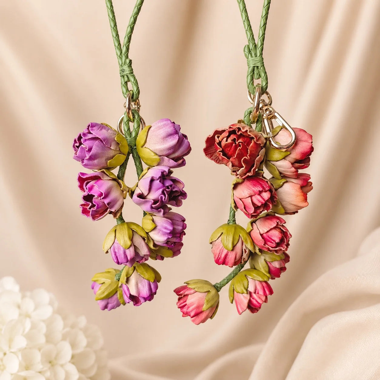 Bellflower Cascade Leather Bag Charm | Handmade Floral Handbag Charm & Keychain Pendant