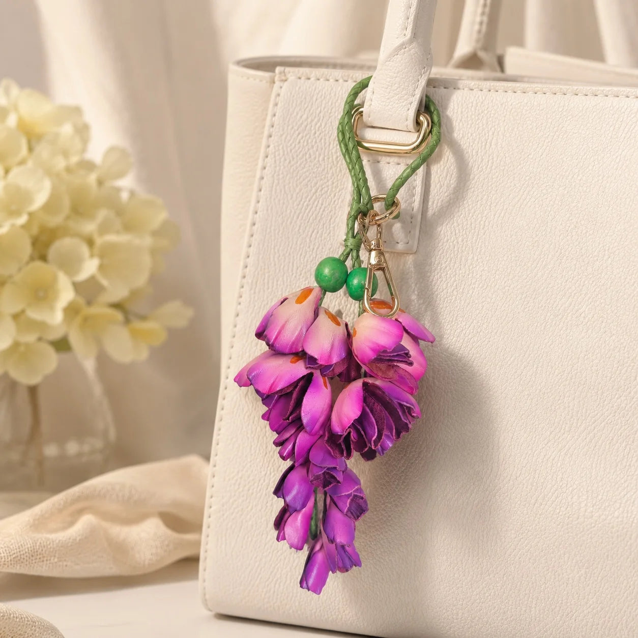 Wisteria Cascade Leather Bag Charm – Handcrafted Cowhide Floral Accessory for Totes & Home Décor