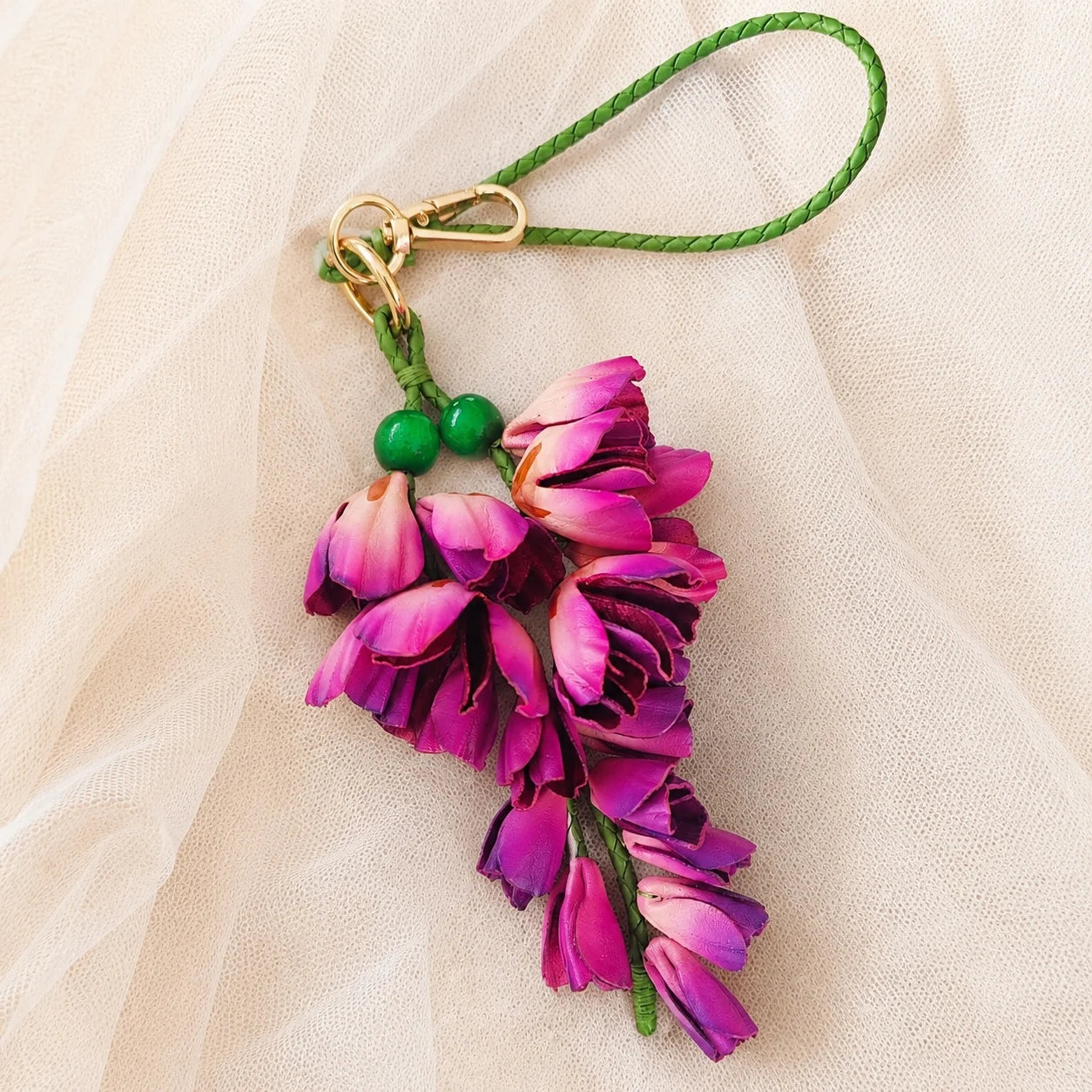 Wisteria Cascade Leather Bag Charm – Handcrafted Cowhide Floral Accessory for Totes & Home Décor