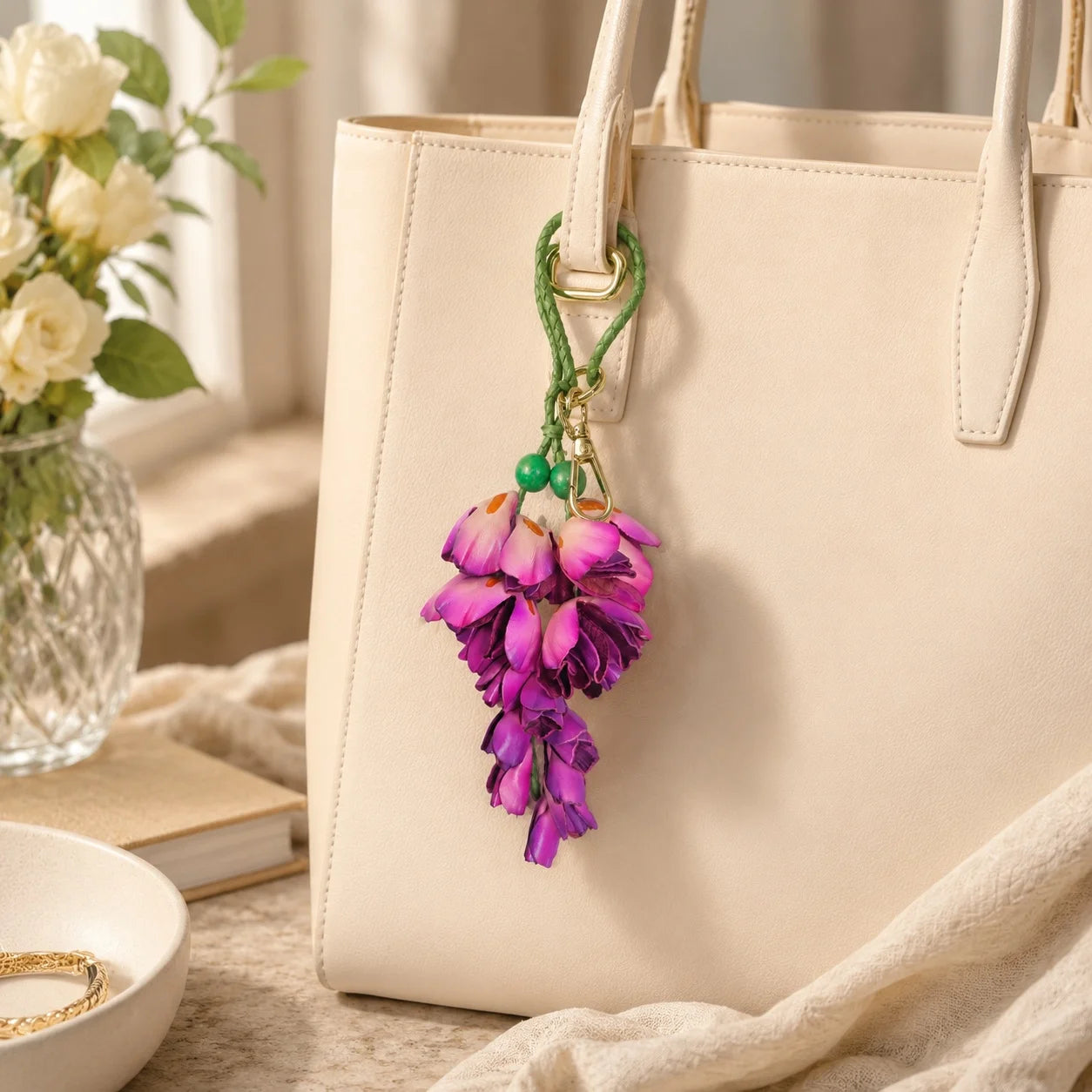 Wisteria Cascade Leather Bag Charm – Handcrafted Cowhide Floral Accessory for Totes & Home Décor