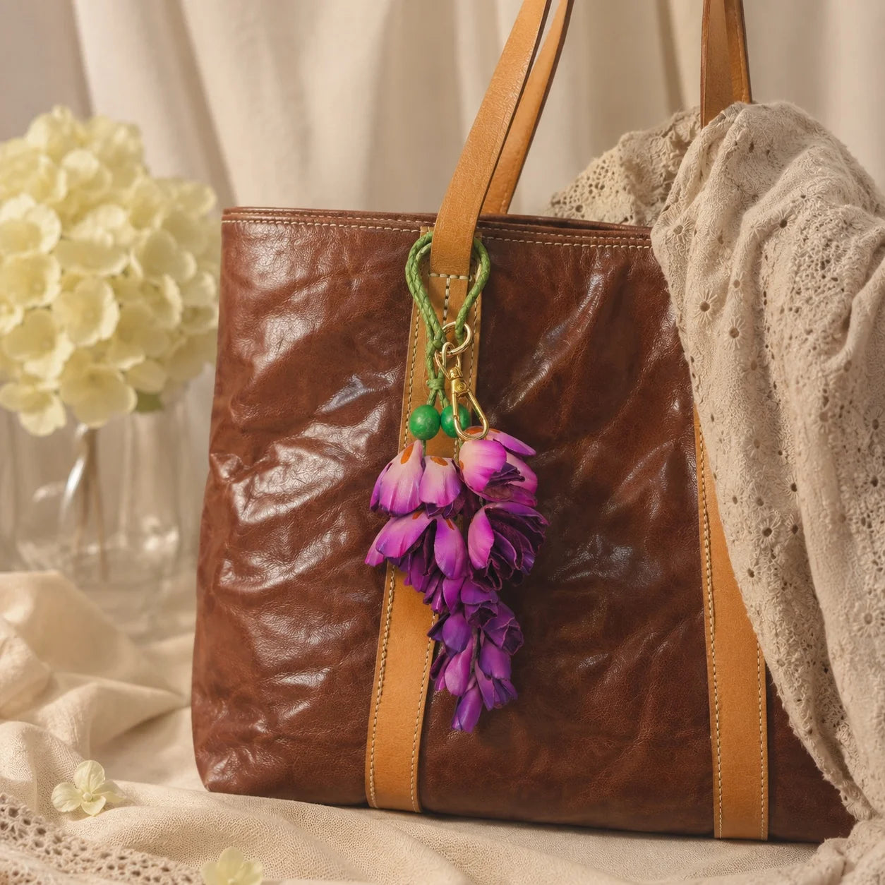 Wisteria Cascade Leather Bag Charm – Handcrafted Cowhide Floral Accessory for Totes & Home Décor