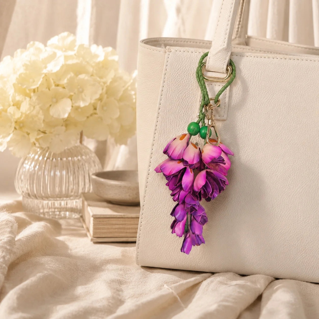 Wisteria Cascade Leather Bag Charm – Handcrafted Cowhide Floral Accessory for Totes & Home Décor