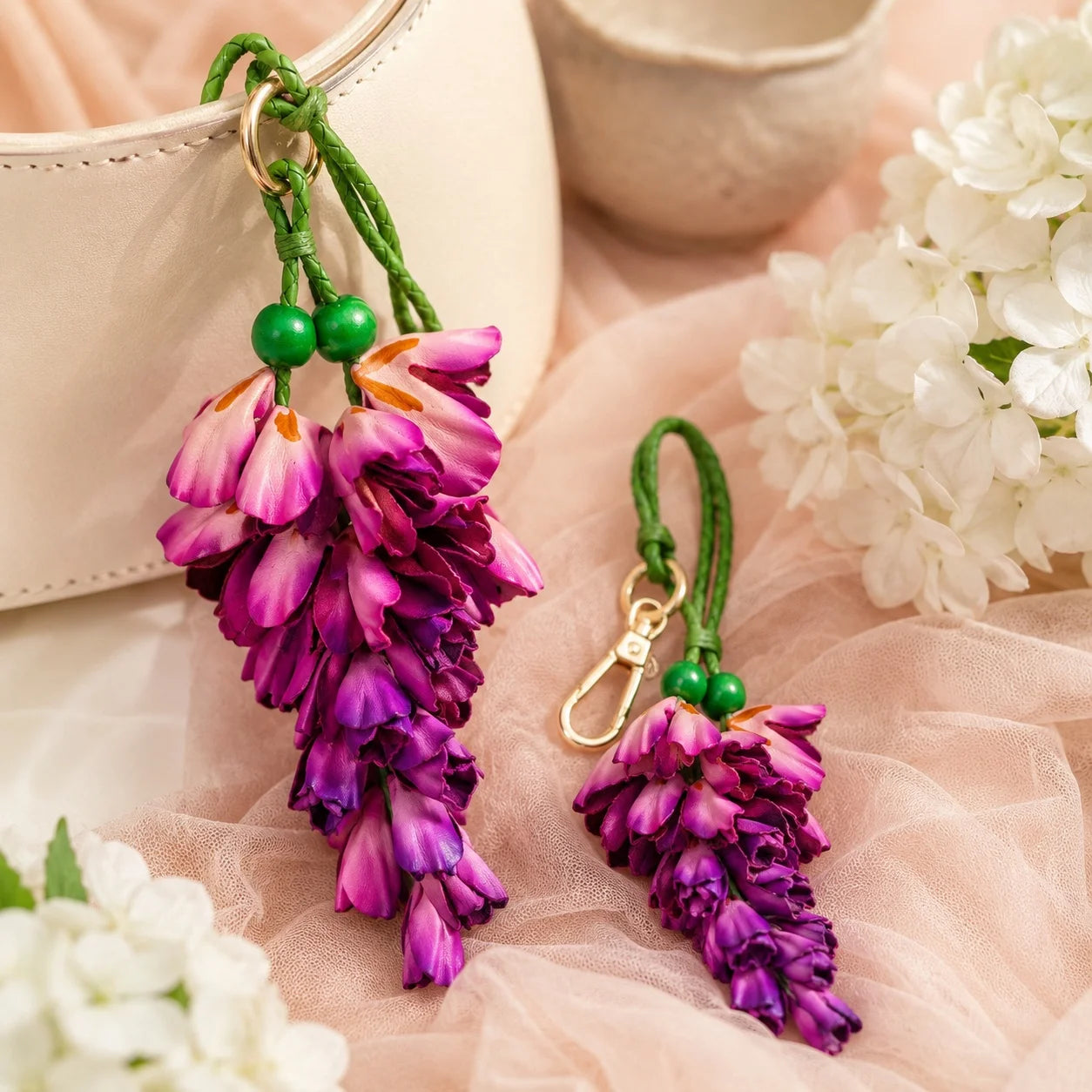 Wisteria Cascade Leather Bag Charm – Handcrafted Cowhide Floral Accessory for Totes & Home Décor