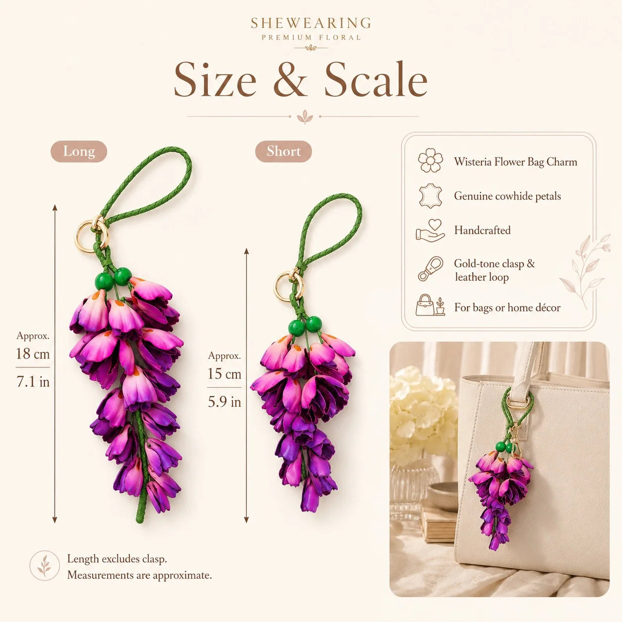Wisteria Cascade Leather Bag Charm – Handcrafted Cowhide Floral Accessory for Totes & Home Décor
