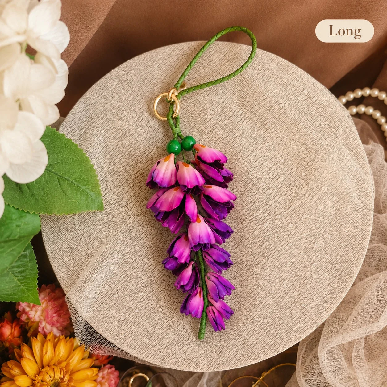 Wisteria Cascade Leather Bag Charm – Handcrafted Cowhide Floral Accessory for Totes & Home Décor