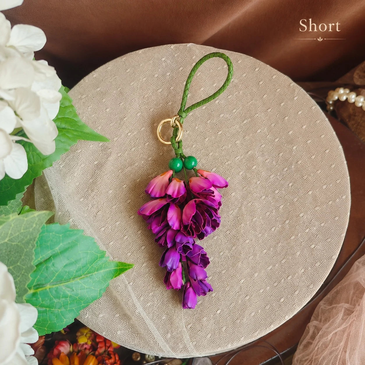 Wisteria Cascade Leather Bag Charm – Handcrafted Cowhide Floral Accessory for Totes & Home Décor
