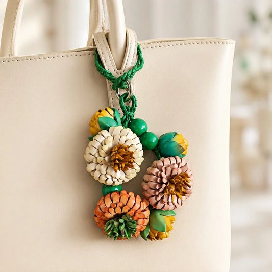 Handcrafted Leather Pompon Chrysanthemum Bag Charm and Necklace Pendant, Sculptural Floral Accessory for Handbags