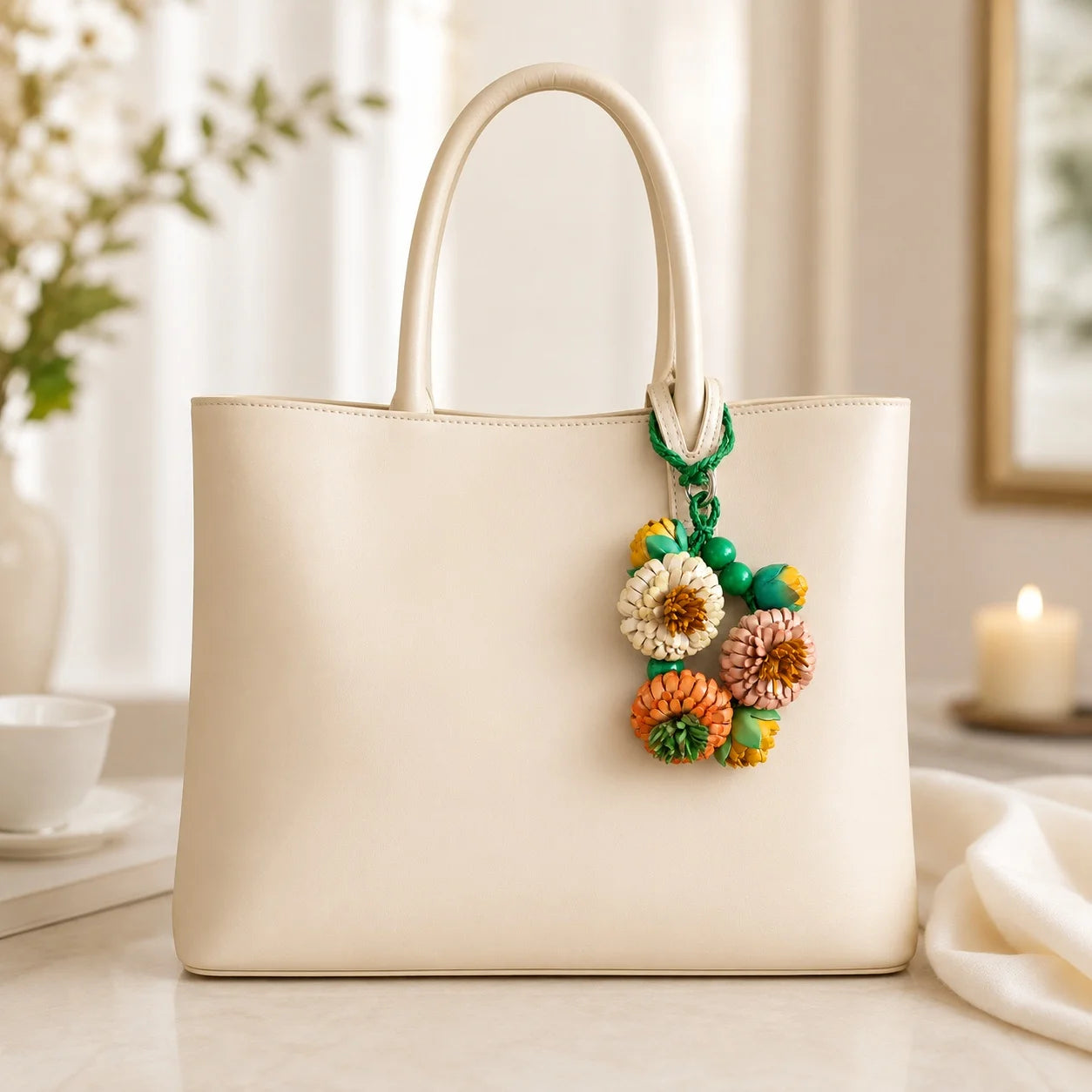 Handcrafted Leather Pompon Chrysanthemum Bag Charm and Necklace Pendant, Sculptural Floral Accessory for Handbags