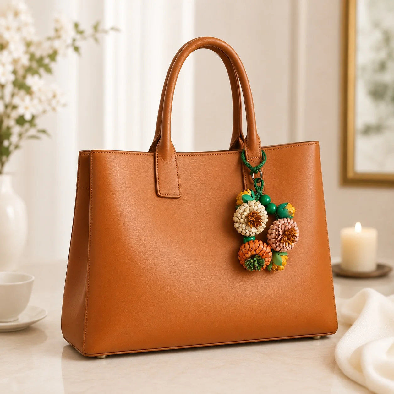 Handcrafted Leather Pompon Chrysanthemum Bag Charm and Necklace Pendant, Sculptural Floral Accessory for Handbags