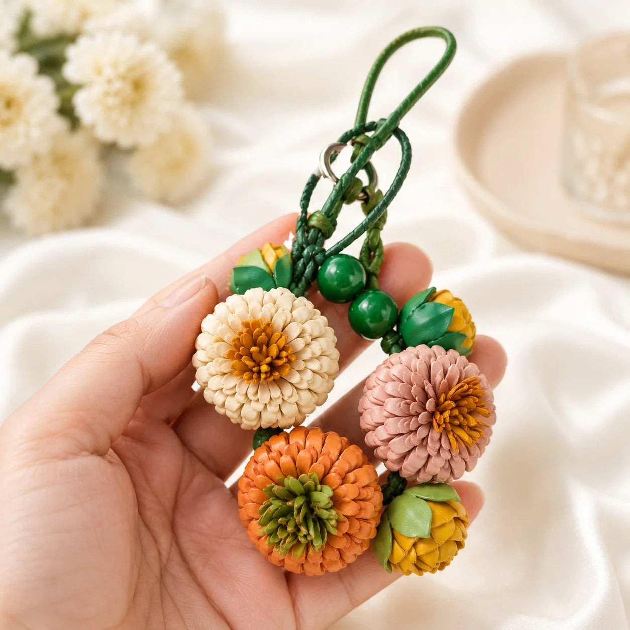 Handcrafted Leather Pompon Chrysanthemum Bag Charm and Necklace Pendant, Sculptural Floral Accessory for Handbags