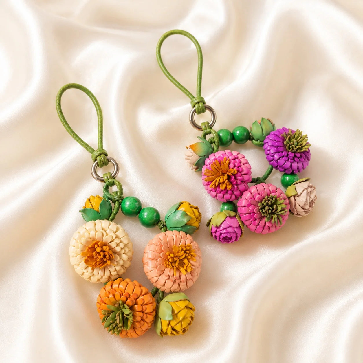 Handcrafted Leather Pompon Chrysanthemum Bag Charm and Necklace Pendant, Sculptural Floral Accessory for Handbags