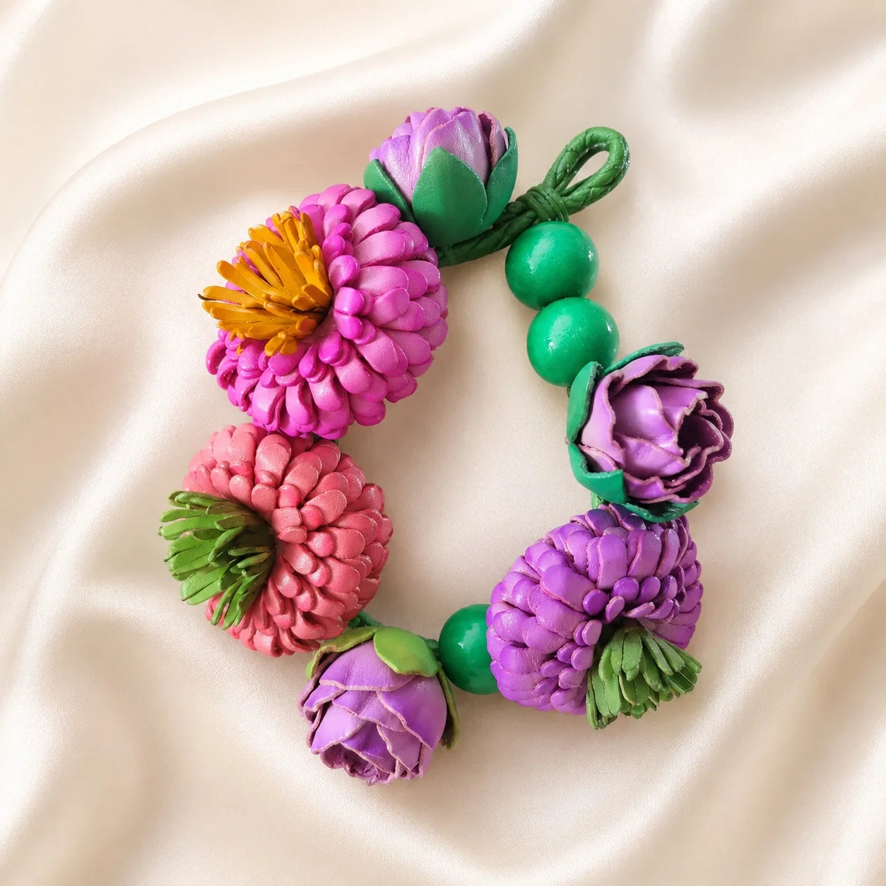 Handcrafted Leather Pompon Chrysanthemum Bag Charm and Necklace Pendant, Sculptural Floral Accessory for Handbags