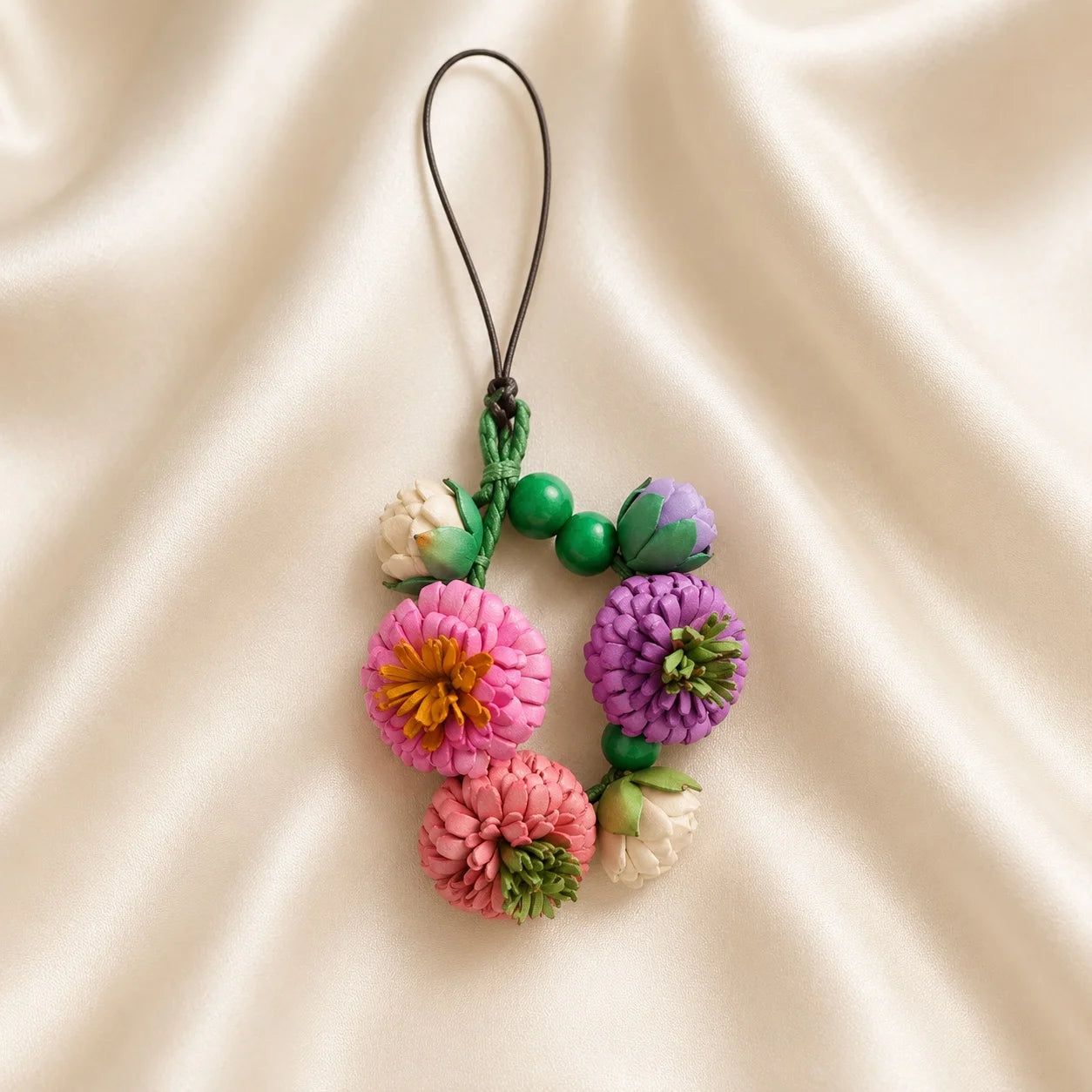 Handcrafted Leather Pompon Chrysanthemum Bag Charm and Necklace Pendant, Sculptural Floral Accessory for Handbags