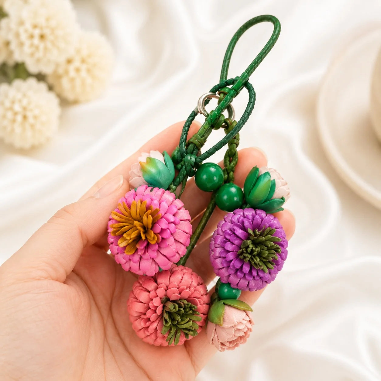 Handcrafted Leather Pompon Chrysanthemum Bag Charm and Necklace Pendant, Sculptural Floral Accessory for Handbags