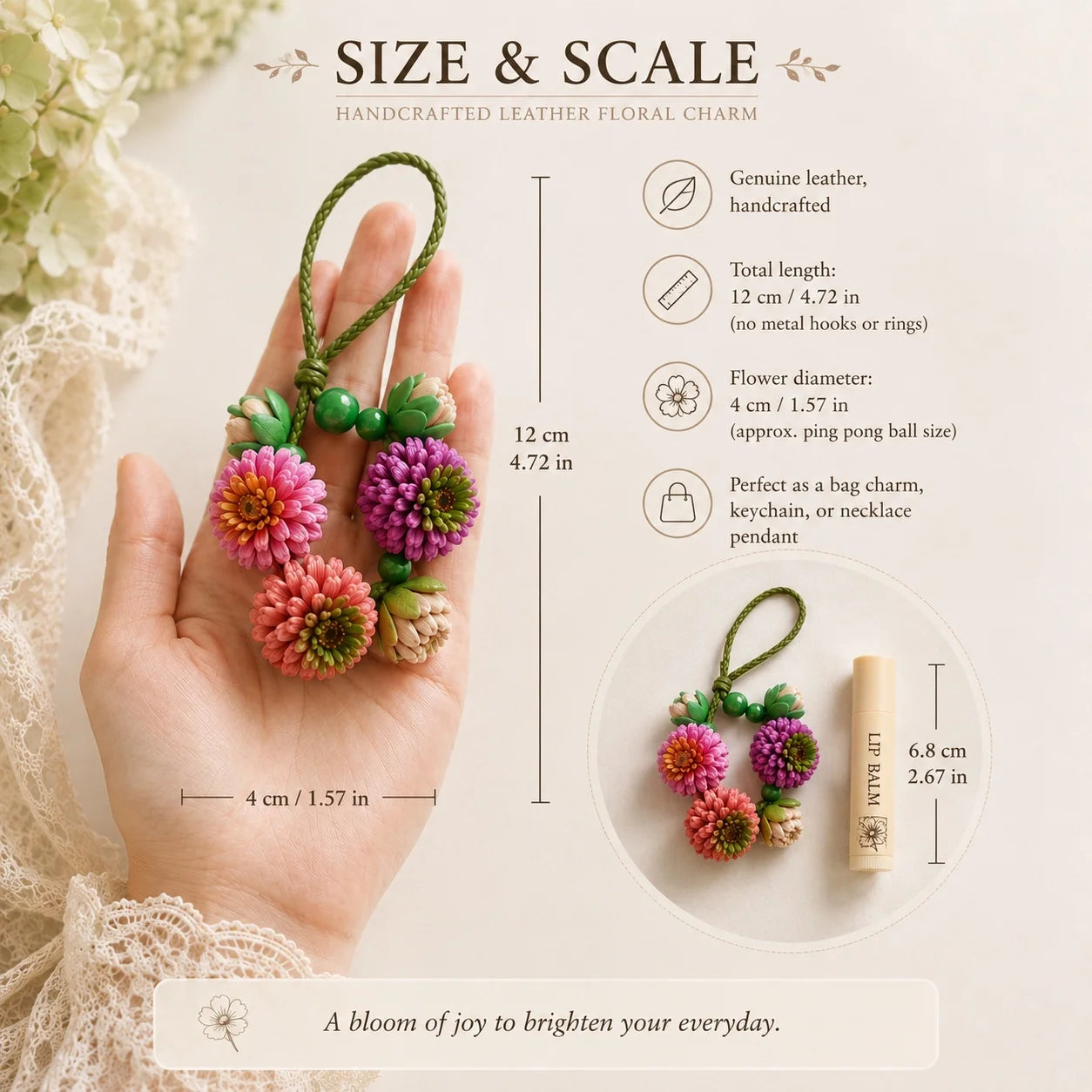 Handcrafted Leather Pompon Chrysanthemum Bag Charm and Necklace Pendant, Sculptural Floral Accessory for Handbags