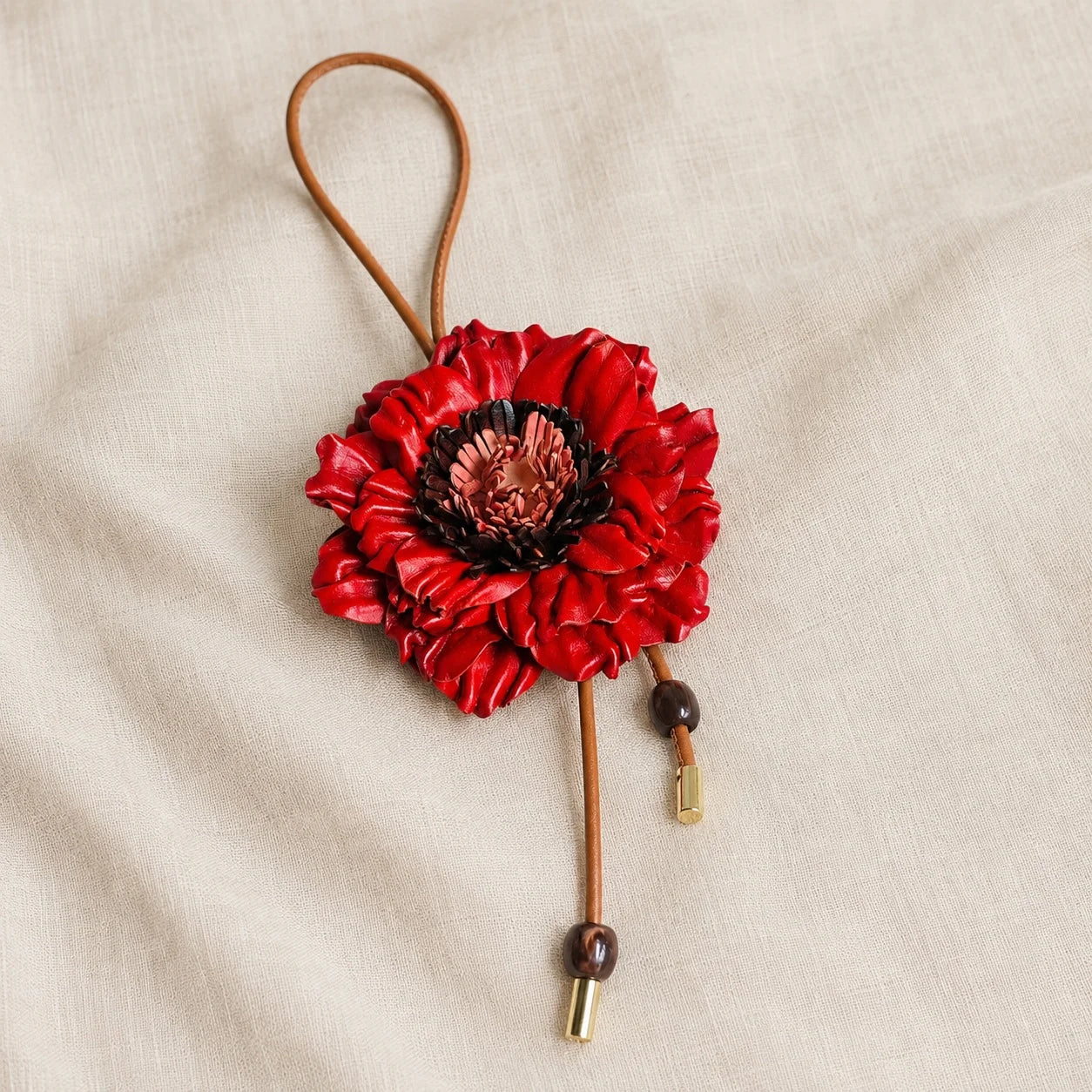 Handcrafted Sculptural Genuine Leather Floral Bag Charm with Layered Petals, Loop Strap, Beaded Cord Drops and Gold-Tone Tips for Totes and Handbags